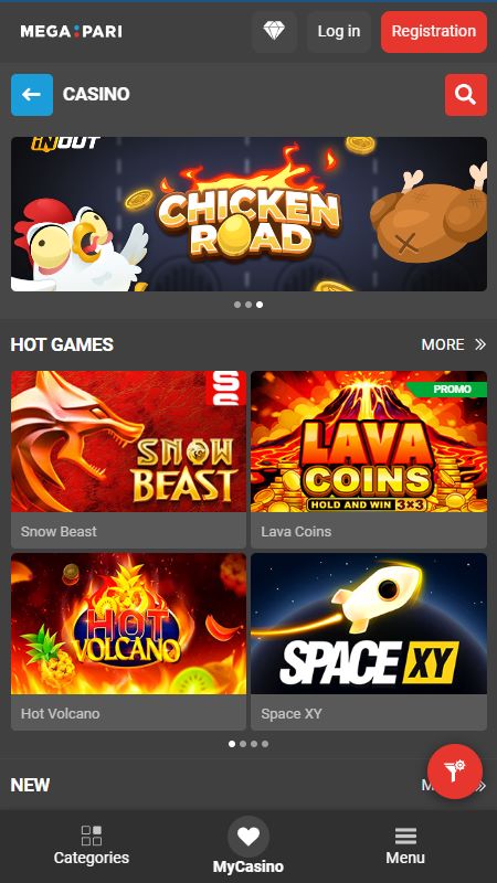 Megapari Casino β mobile interface with live games